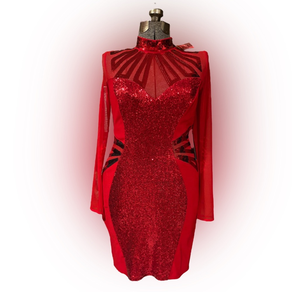 Venus couture high neck long sleeve sheer cutout sequin red dress M